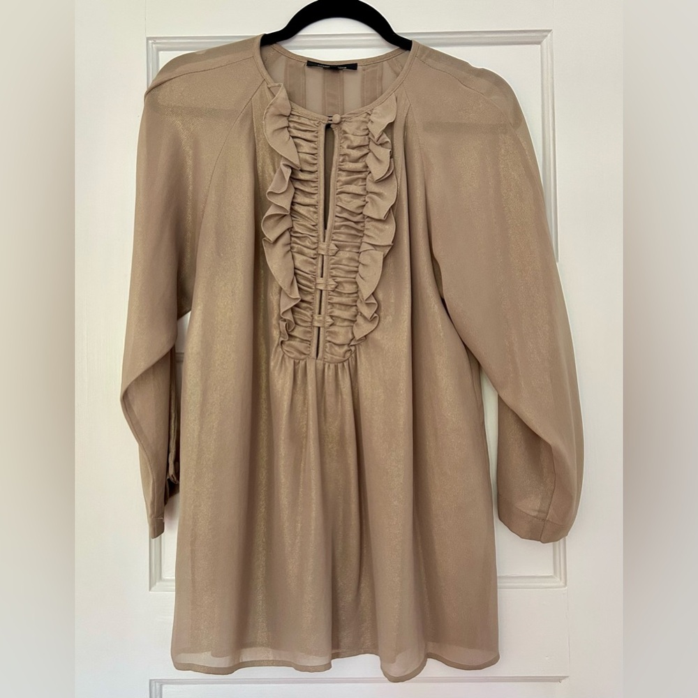Nanette Lepore - gorgeous, flowing sheer gold blouse with ruffles, size 6